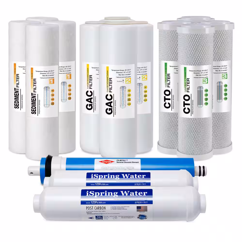 iSpring 15-Piece 5-Stage Reverse Osmosis Replacement Filter Set, 2-Year Supply for RO100 & Standard 10 in. x 2.5 in. Systems