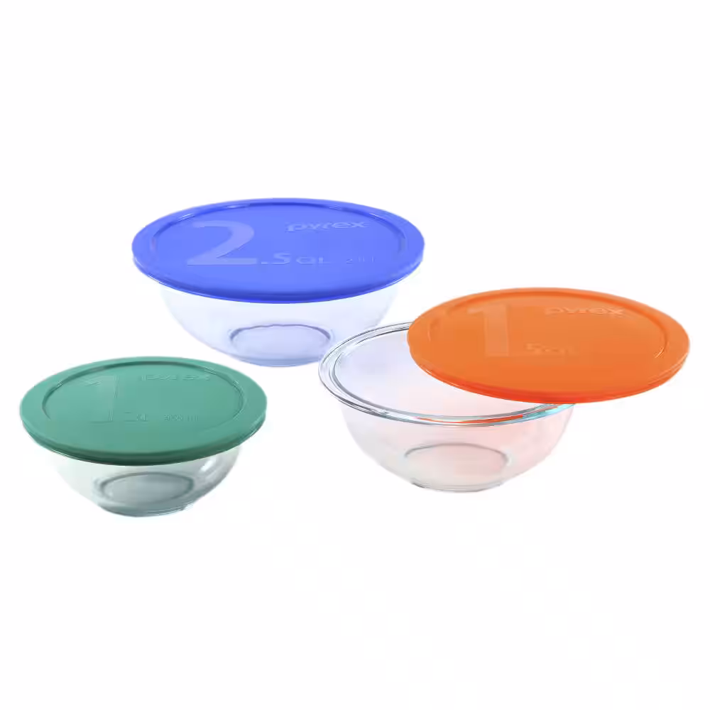 Pyrex 6-Piece Glass Mixing Bowl Set with Assorted Colored Lids