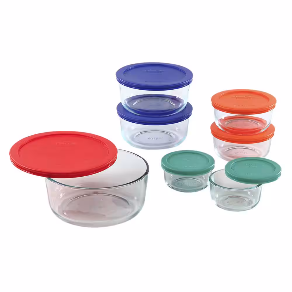 Pyrex 14-Piece Round Glass Mixing Bowl and Storage Set with Assorted Colored Lids
