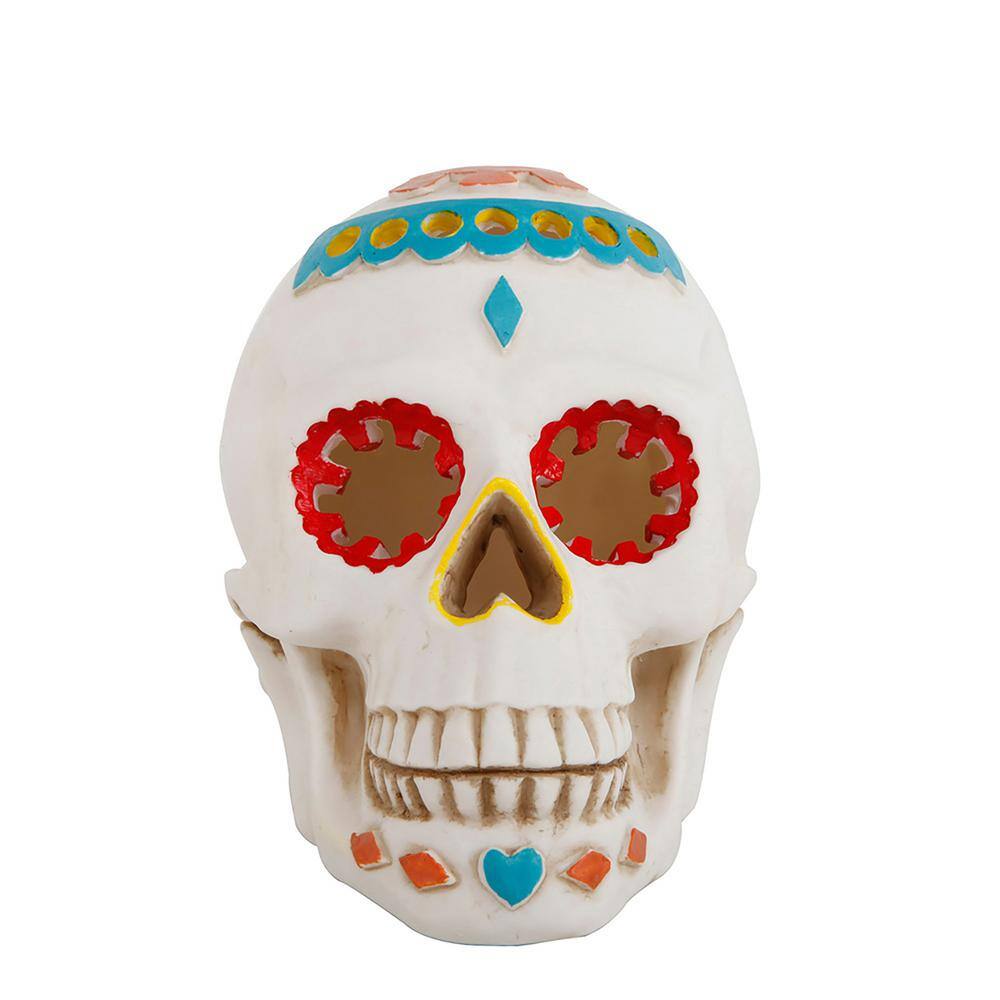 Flora Bunda Day of the Dead Blue Polyresin Skull with Color Changing LED Lights, 7 in. Halloween Tabletop Decor
