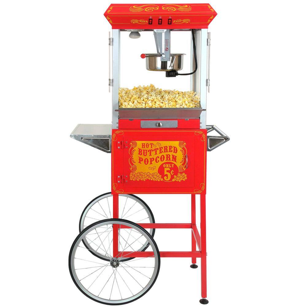 Funtime 8oz Vintage Style Red Popcorn Popper Machine Cart with Stainless Steel Kettle