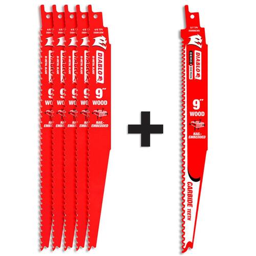 Diablo Demo Demon 9 in. Nail-Embedded Wood Reciprocating Saw Blades, 6/12 TPI, 6-Pack
