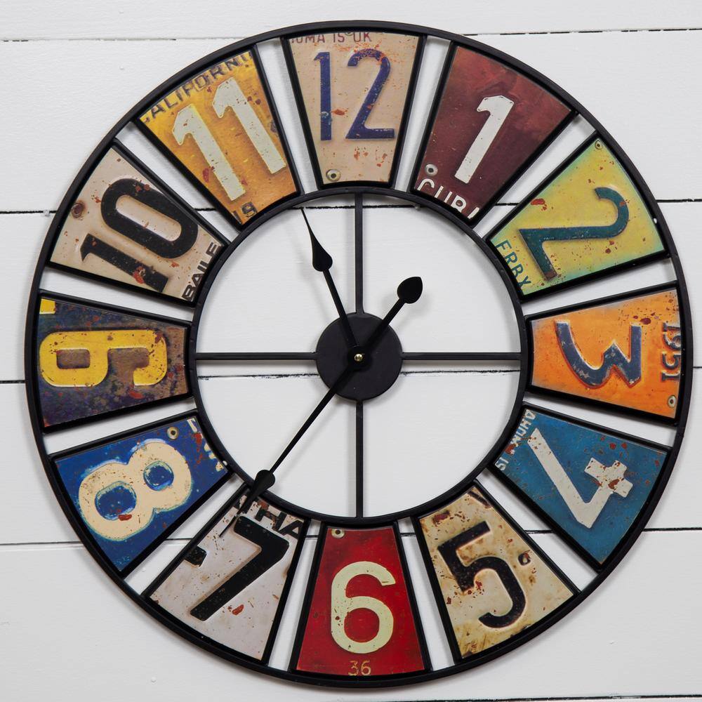 Pinnacle Vintage License Plate Multi-Color Metal Wall Clock - Oversized 23.6 in. Round Decor