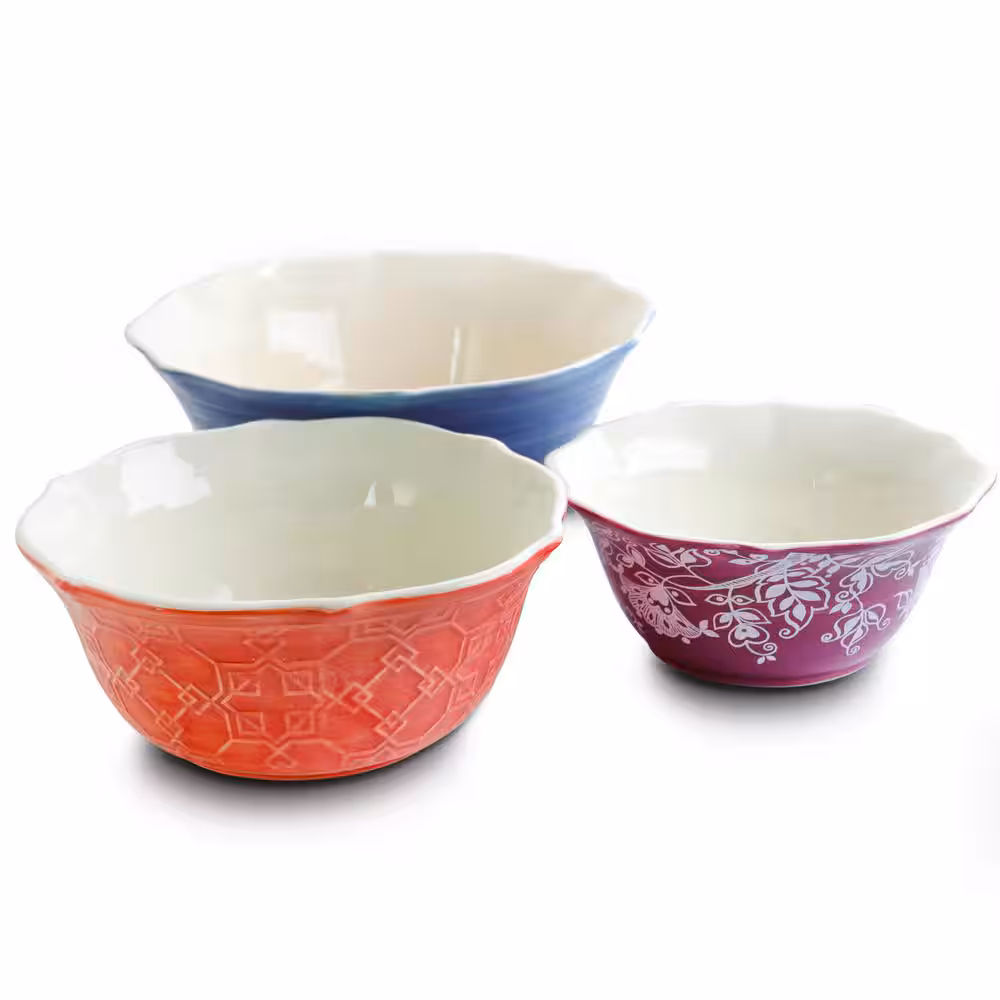 Urban Market Life on the Farm 3-Piece Scalloped Stoneware Serving Bowl Set, Assorted Colors