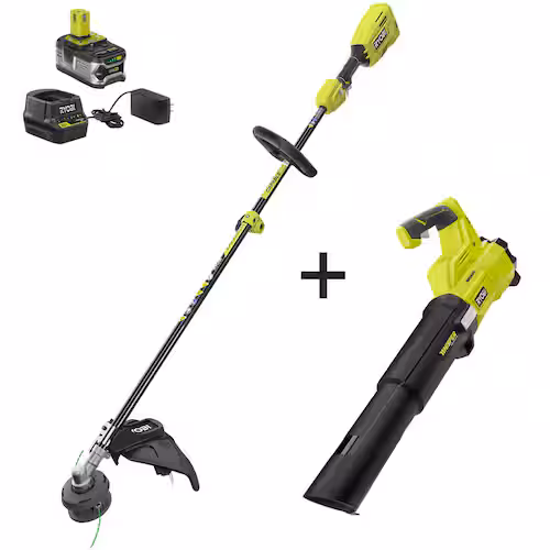 RYOBI 18V ONE+ Brushless String Trimmer and Whisper Series Blower Combo Kit with 4 Ah Battery and Charger