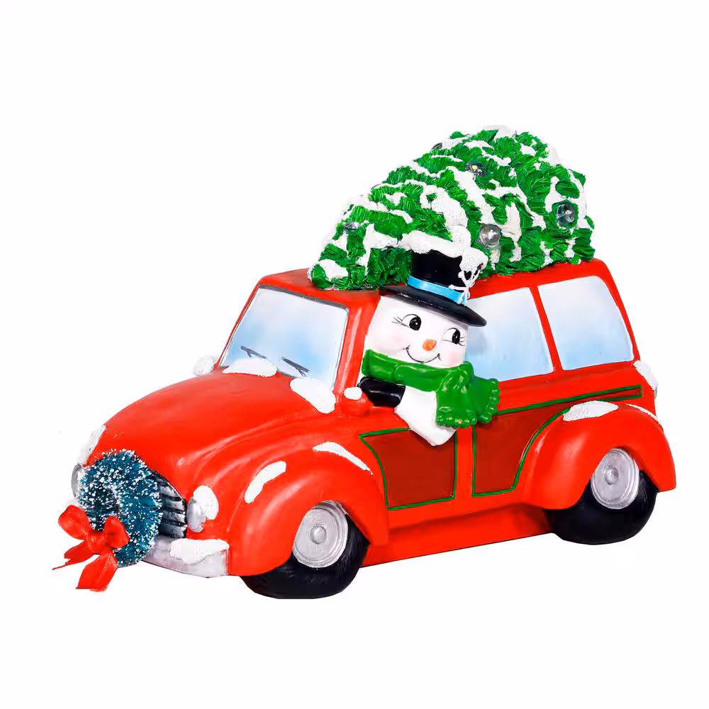 Alpine Corporation Snowman in Red Woody Car Holiday Decor with Multi-Color LED Lights